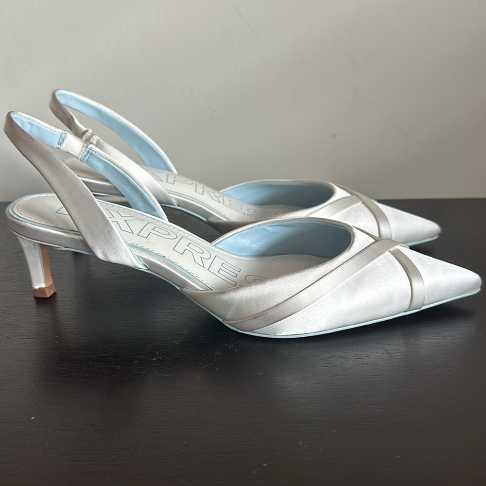 Express White Ribbon Toe Satin Slingback Kitten Heel Pumps